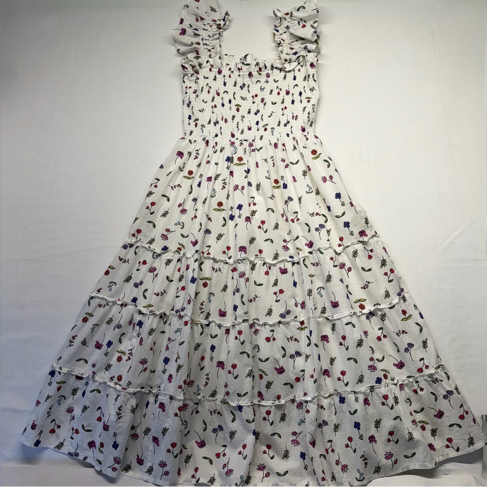 Cottagecore Floral Smocked Tiered Maxi Dress White Cotton Small
